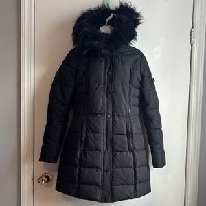 Nautica Women's Black Puffer Jacket with Faux Fur Hood